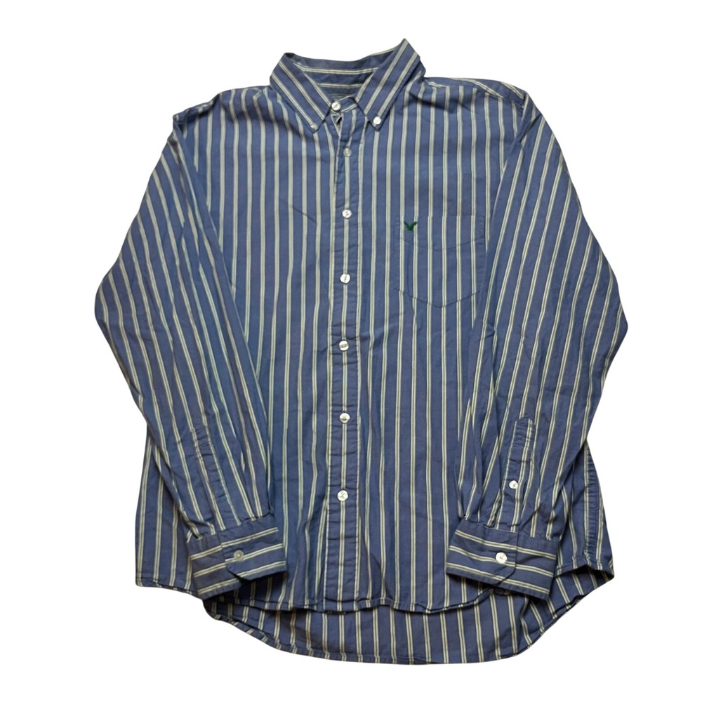 American Eagle Button Down Mens XL Blue Stripe Shirt Long Sleeve Oxford Cotton